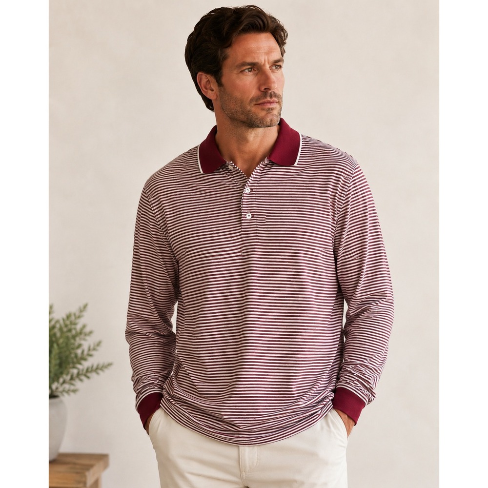 Red White Striped Rugby Polo Mens XL Cotton Long Sleeve‎ Daniel Cremieux